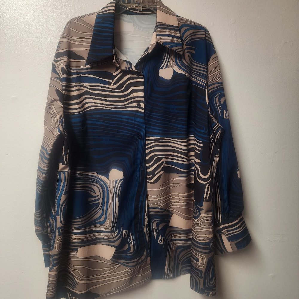 SheIn Curve Tan, Blue, Black, Taupe Print Long Sleeve Polyester blend shirt 3xl